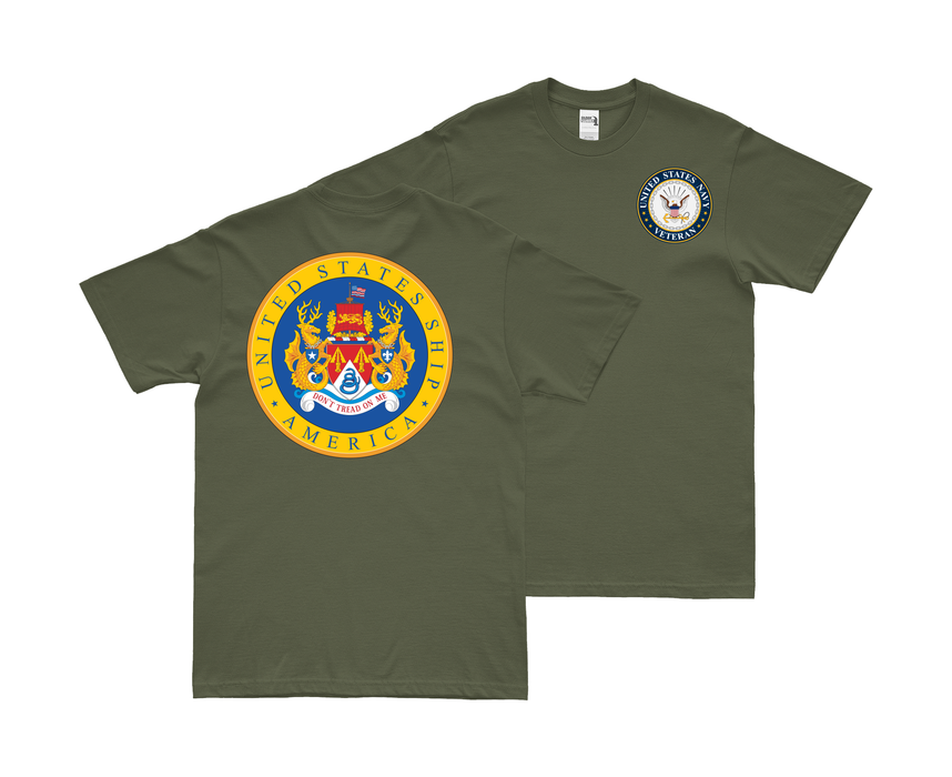 Double-Sided USS America (CV-66) Veteran T-Shirt Tactically Acquired Small Military Green 