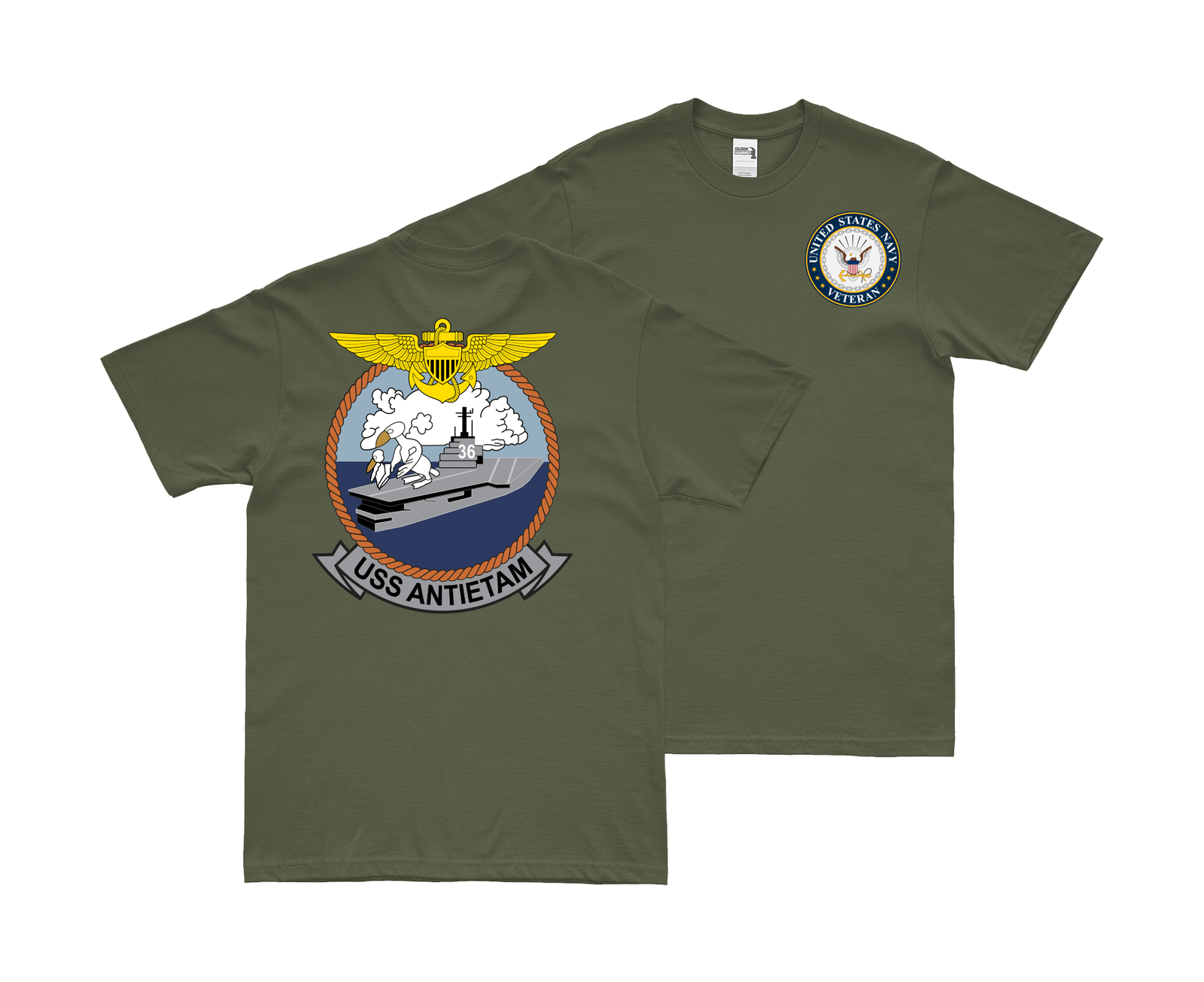 Double-Sided USS Antietam (CV-36) Veteran T-Shirt Tactically Acquired Small Military Green 