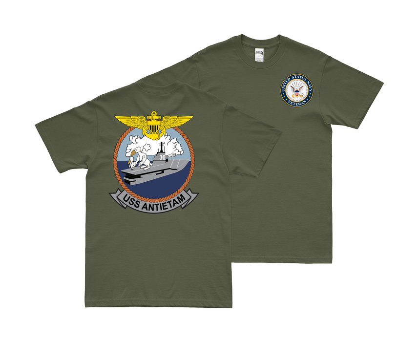 Double-Sided USS Antietam (CV-36) Veteran T-Shirt Tactically Acquired Small Military Green 