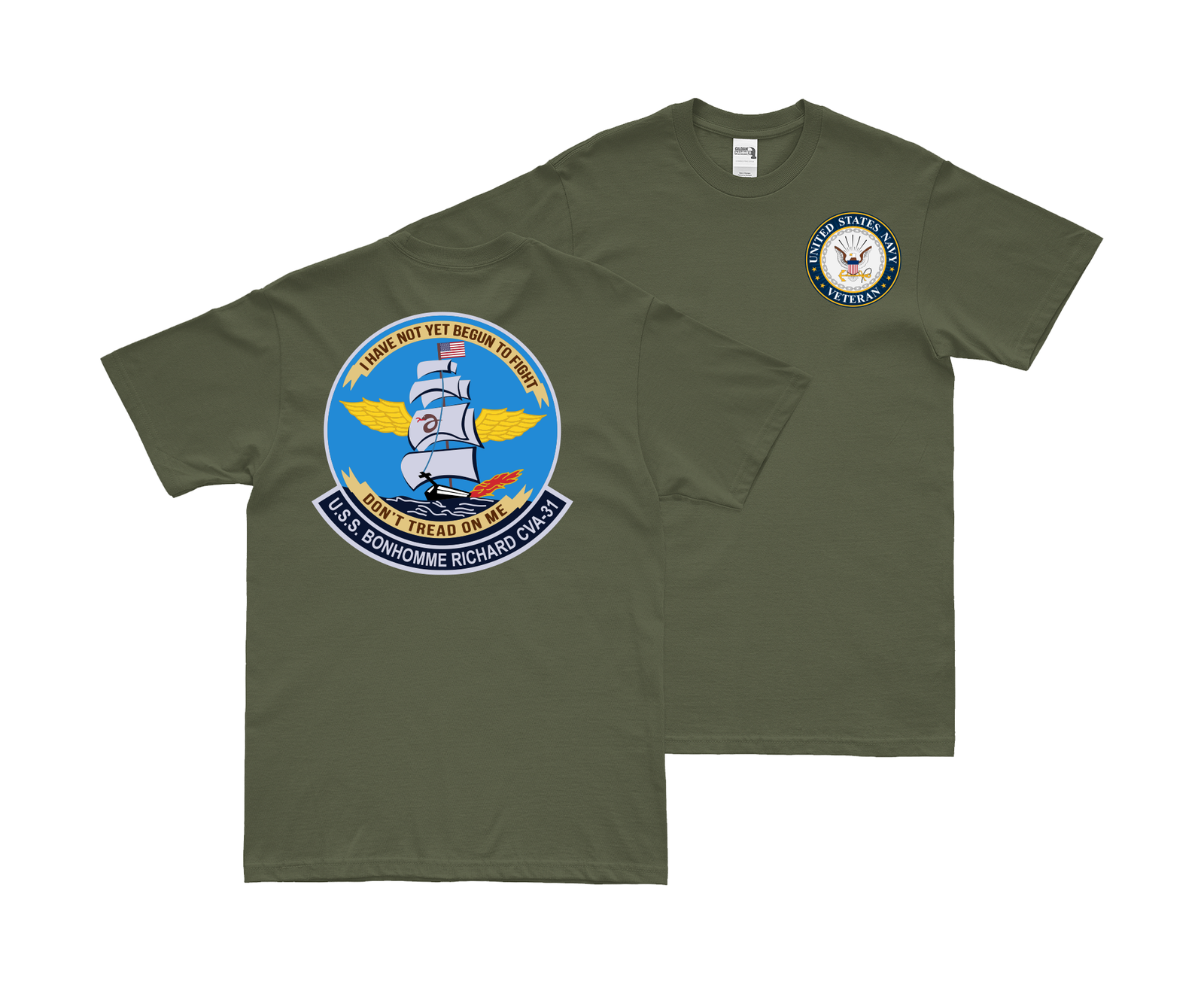 Double-Sided USS Bonhomme Richard (CVA-31) Veteran T-Shirt Tactically Acquired Small Military Green 