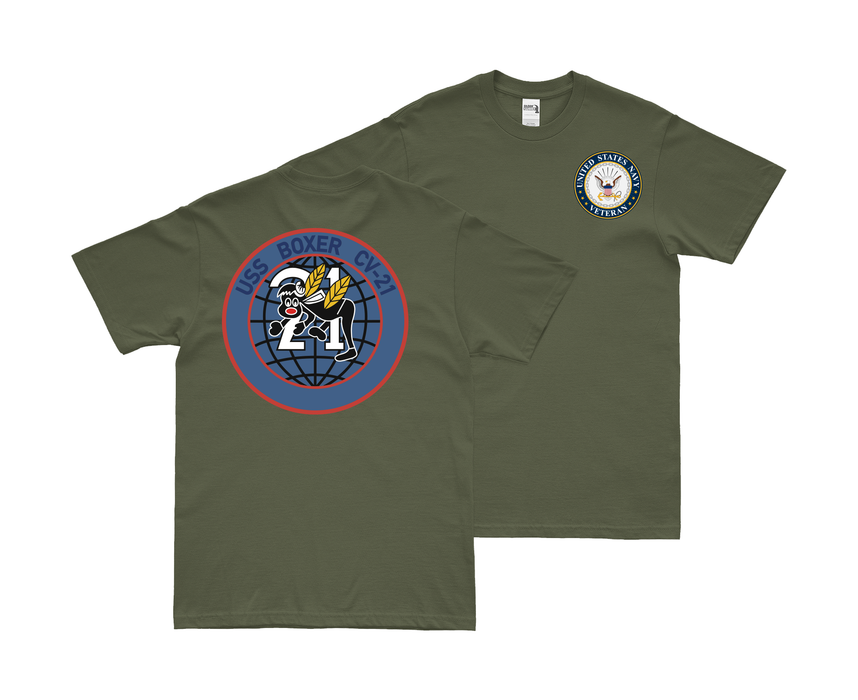 Double-Sided USS Boxer (CV-21) Veteran T-Shirt Tactically Acquired Small Military Green 