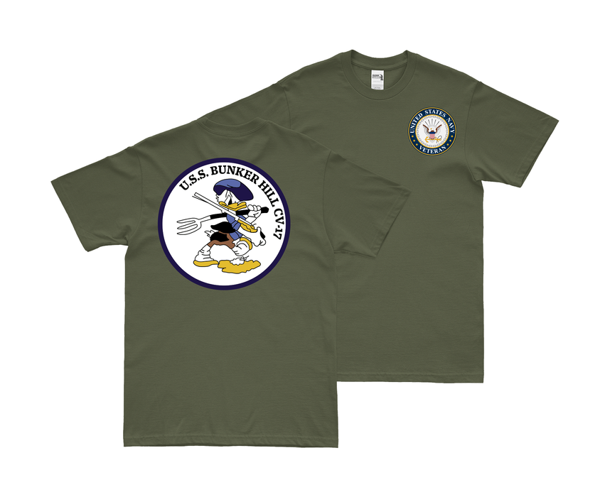 Double-Sided USS Bunker Hill (CV-17) Veteran T-Shirt Tactically Acquired Small Military Green 