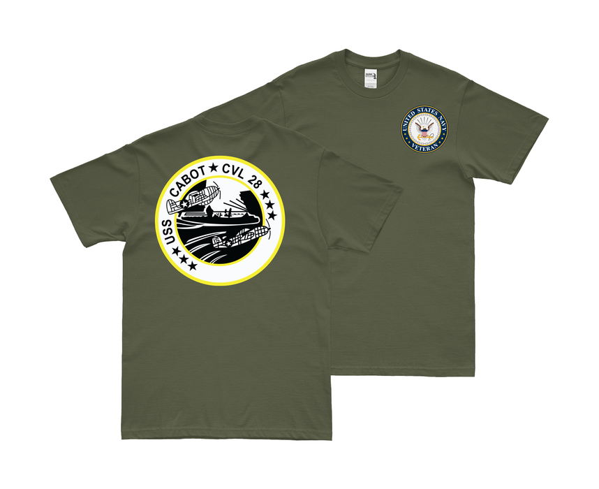 Double-Sided USS Cabot (CVL-28) Veteran T-Shirt Tactically Acquired Small Military Green 