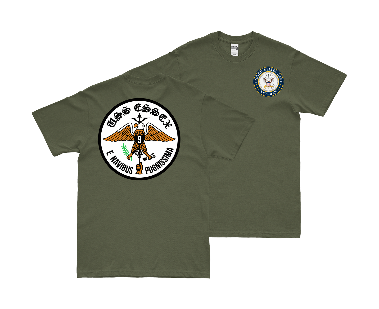 Double-Sided USS Essex (CV-9) Veteran T-Shirt Tactically Acquired Small Military Green 