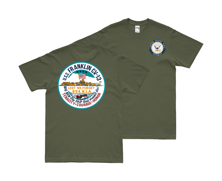 Double-Sided USS Franklin (CV-13) Veteran T-Shirt Tactically Acquired Small Military Green 