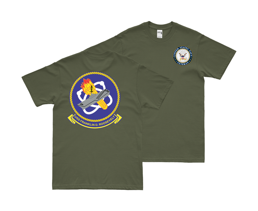 Double-Sided USS Franklin D. Roosevelt (CV-42) Veteran T-Shirt Tactically Acquired Small Military Green 