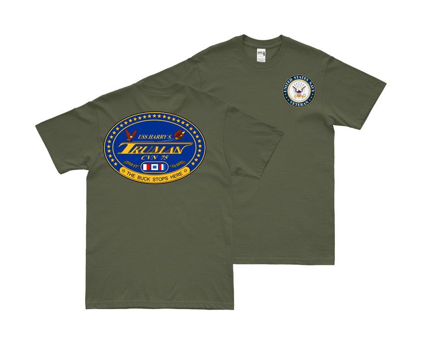 Double-Sided USS Harry S. Truman (CVN-75) Veteran T-Shirt Tactically Acquired Small Military Green 