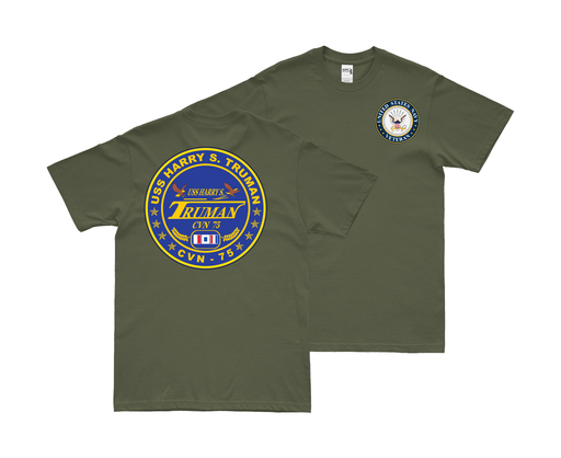 Double-Sided USS Harry S. Truman (CVN-75) Navy Veteran T-Shirt Tactically Acquired Small Military Green 