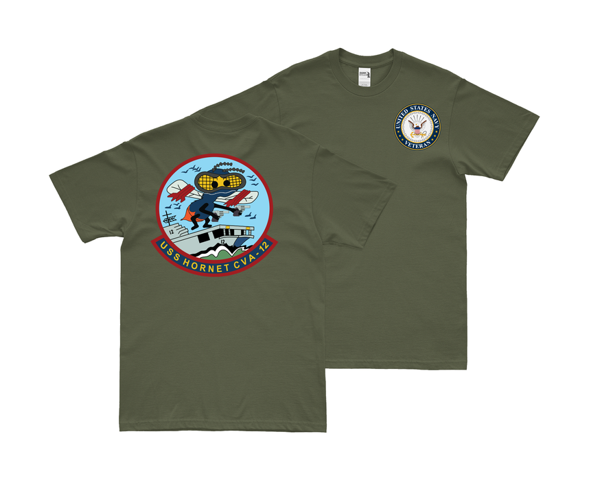 Double-Sided USS Hornet (CVA-12) Veteran T-Shirt Tactically Acquired Small Military Green 