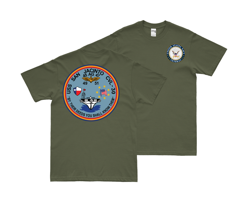 Double-Sided USS San Jacinto (CVL-30) Veteran T-Shirt Tactically Acquired Small Military Green 