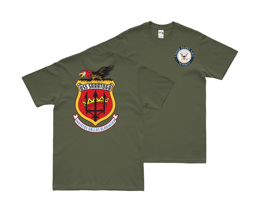 Double-Sided USS Saratoga (CV-60) Veteran T-Shirt Tactically Acquired Small Military Green 