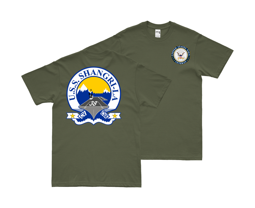 Double-Sided USS Shangri-La (CV-38) Veteran T-Shirt Tactically Acquired Small Military Green 