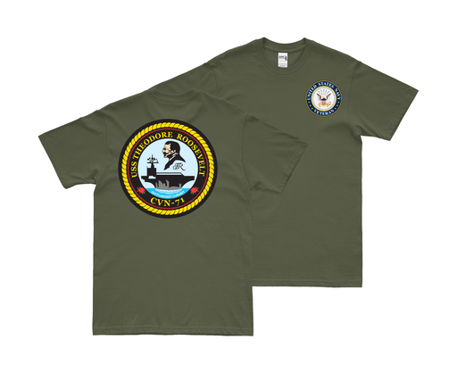 Double-Sided USS Theodore Roosevelt (CVN-71) Veteran T-Shirt Tactically Acquired Small Military Green 