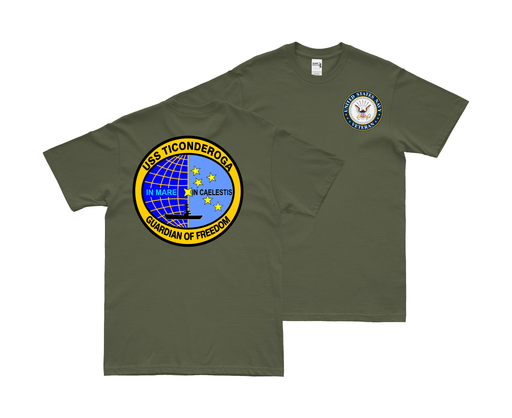 Double-Sided USS Ticonderoga (CV-14) Veteran T-Shirt Tactically Acquired Small Military Green 