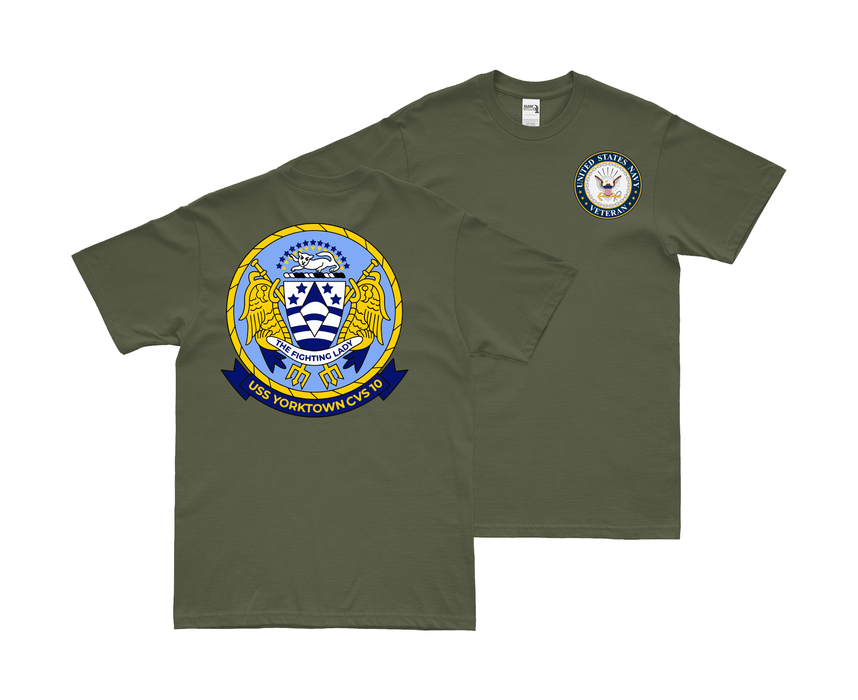 Double-Sided USS Yorktown (CVS-10) Veteran T-Shirt Tactically Acquired Small Military Green 