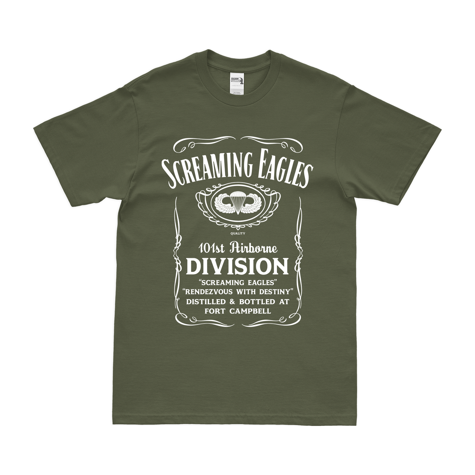 101st Airborne 'Screaming Eagles' Whiskey Label T-Shirt Tactically Acquired Military Green Small 