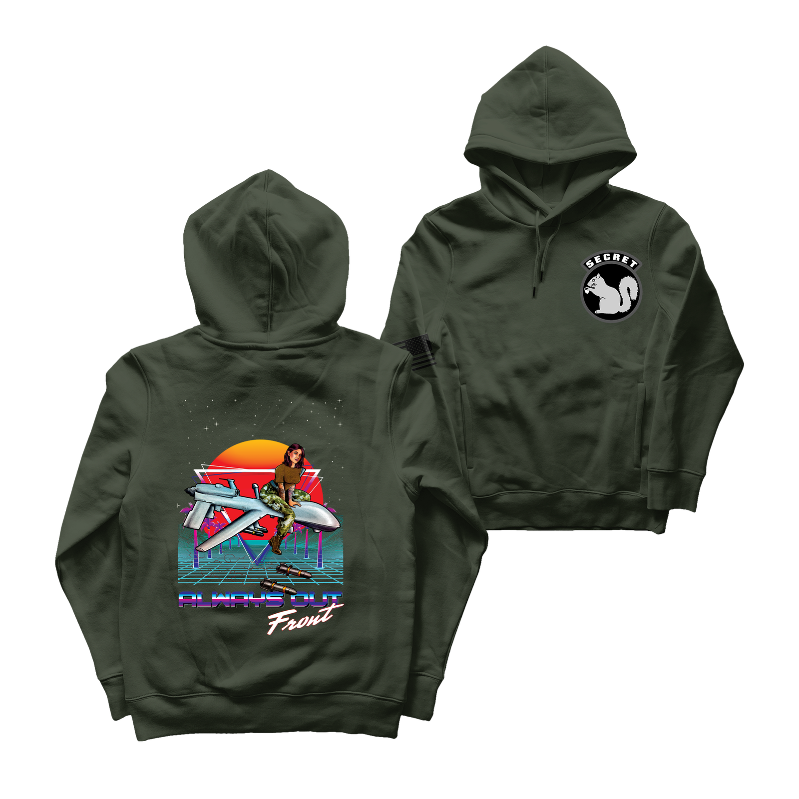 Military Intel Pin-Up Girl Julia MQ-9 Reaper Drone Hoodie Tactically Acquired Military Green S