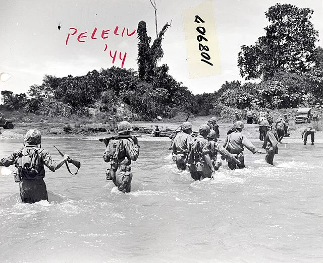 Marines of the 1st MARDIV wading through water at Peleliu, 1944.
