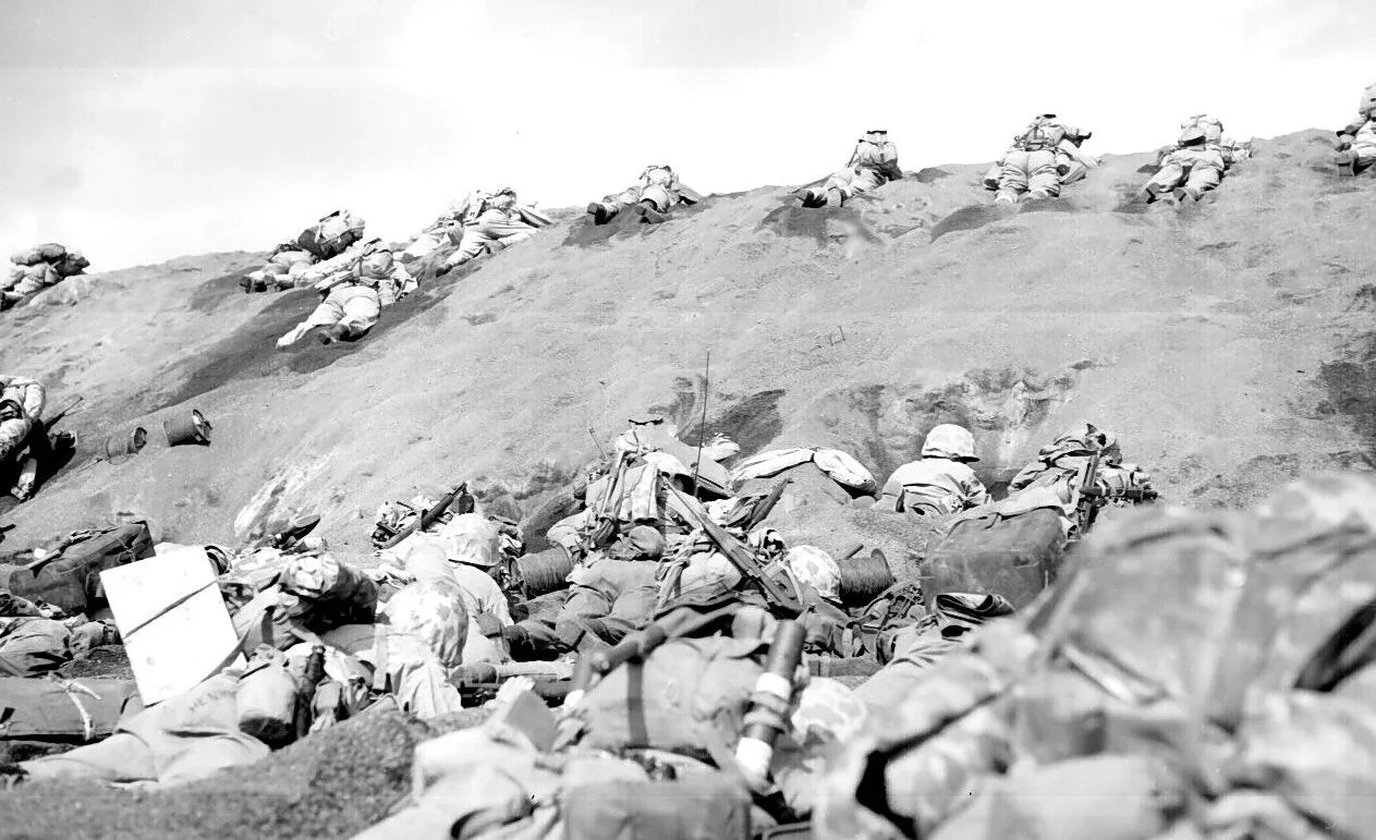 Marines of 5th Marine Division on Red Beach, Iwo Jima 19 February 1945