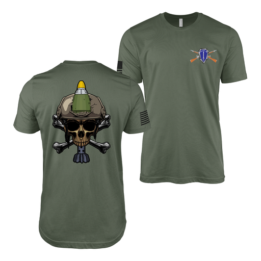 Double-Sided U.S. Army Infantry 11C Mortarman Skull T-Shirt Tactically Acquired Military Green Small 