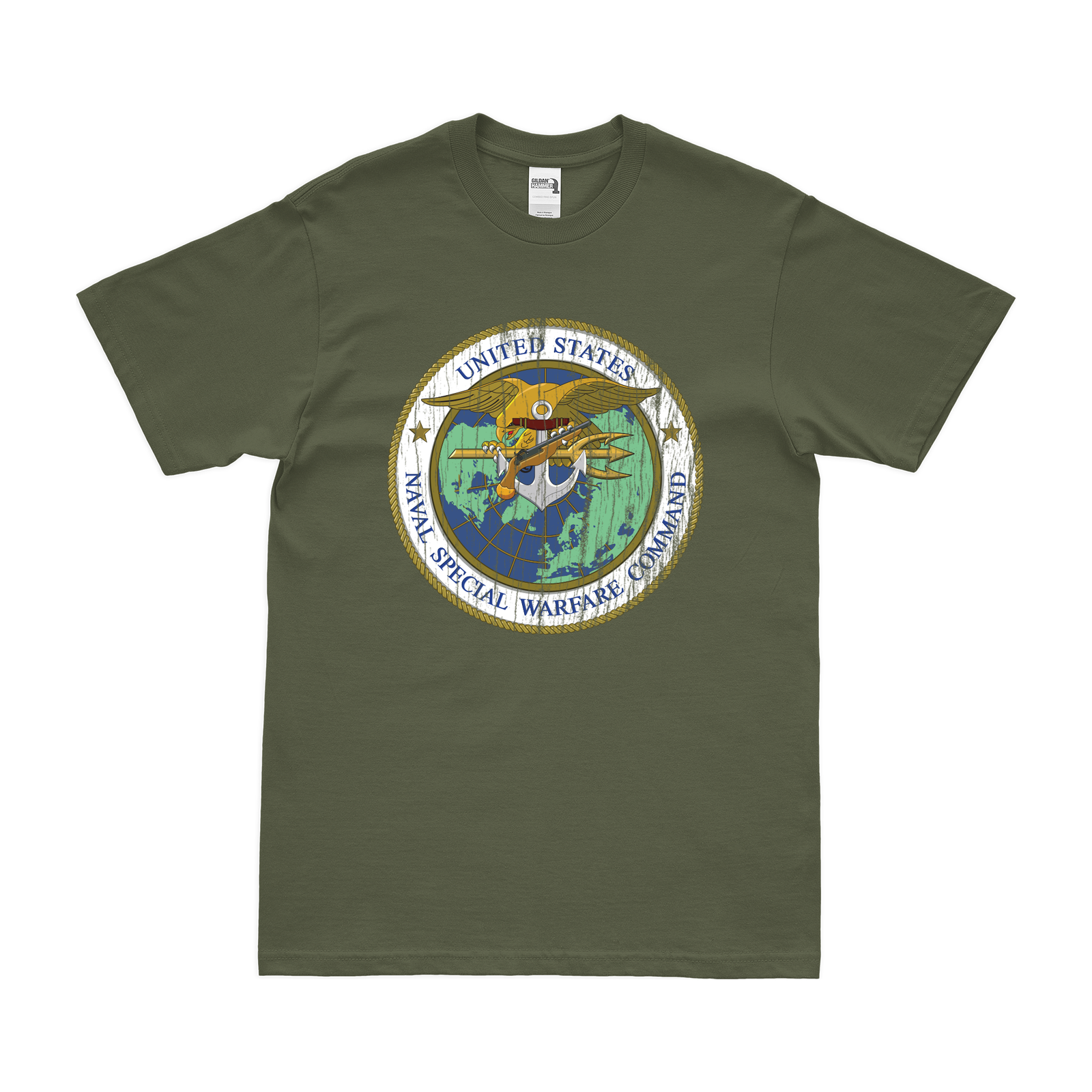 Naval Special Warfare Command (NSW) Insignia T-Shirt Tactically Acquired Military Green Distressed Small