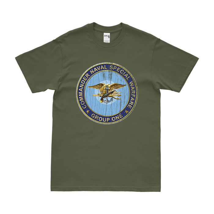 Naval Special Warfare Group 1 (NSWG-1) Emblem T-Shirt Tactically Acquired Military Green Distressed Small