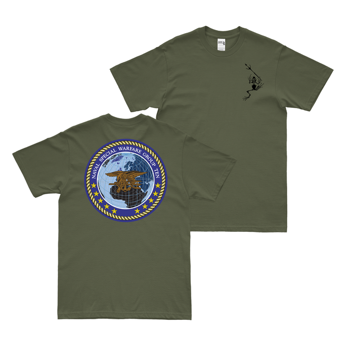 Double-Sided Naval Special Warfare Group 10 (NSWG-10) Frogman T-Shirt Tactically Acquired Military Green Small 