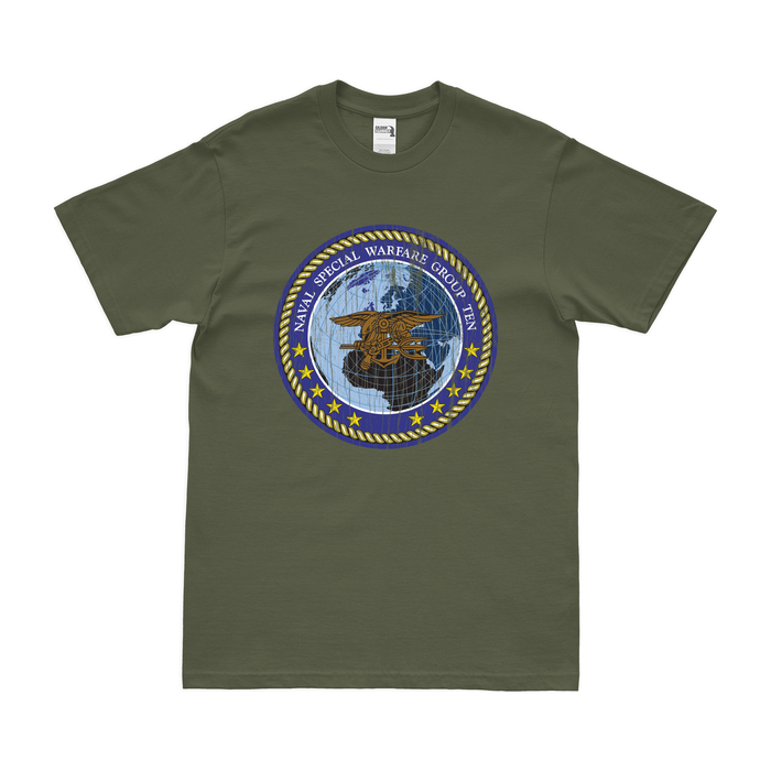 Naval Special Warfare Group 10 (NSWG-10) Emblem T-Shirt Tactically Acquired Military Green Distressed Small