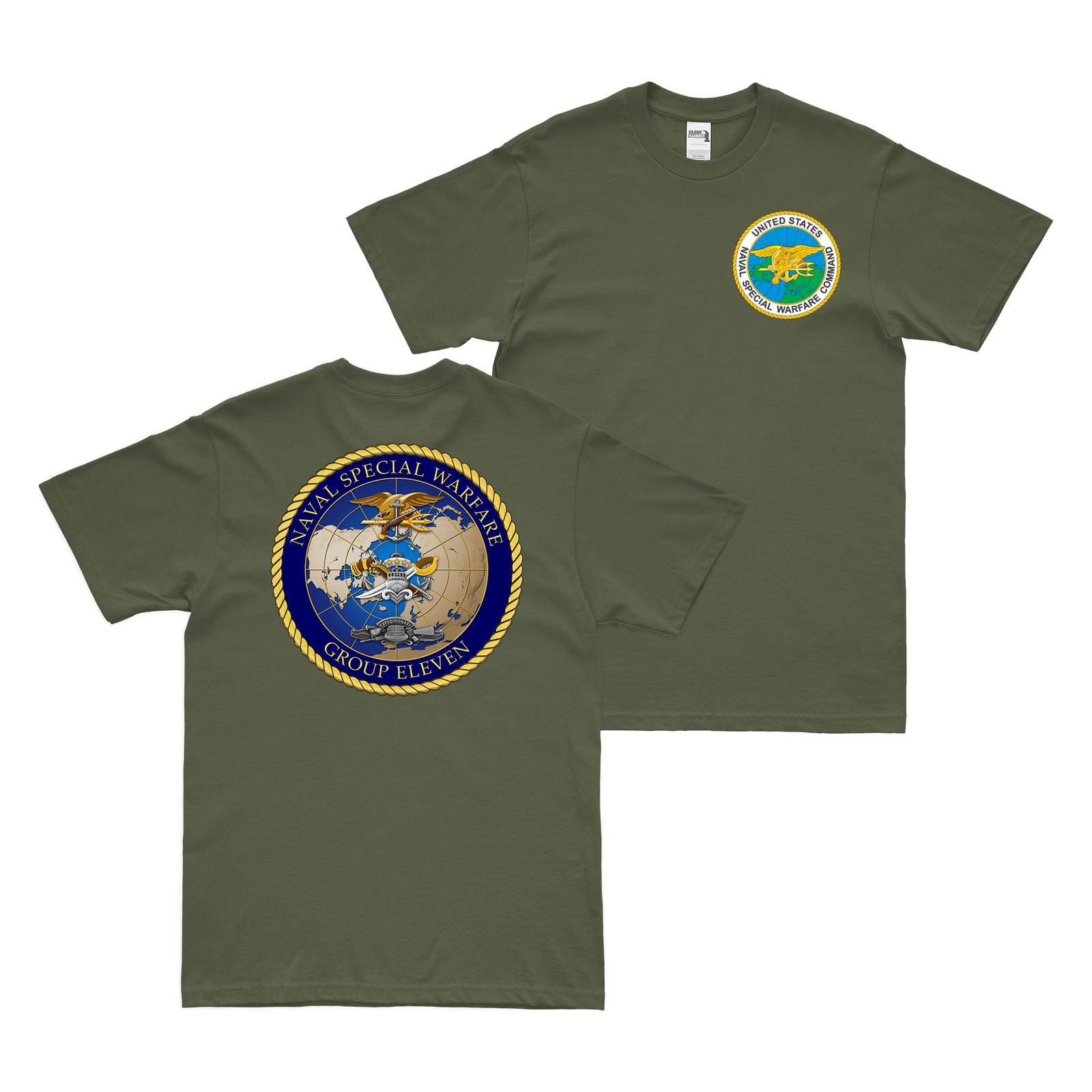 Double-Sided Naval Special Warfare Group 11 (NSWG-11) NSW T-Shirt Tactically Acquired Military Green Small 
