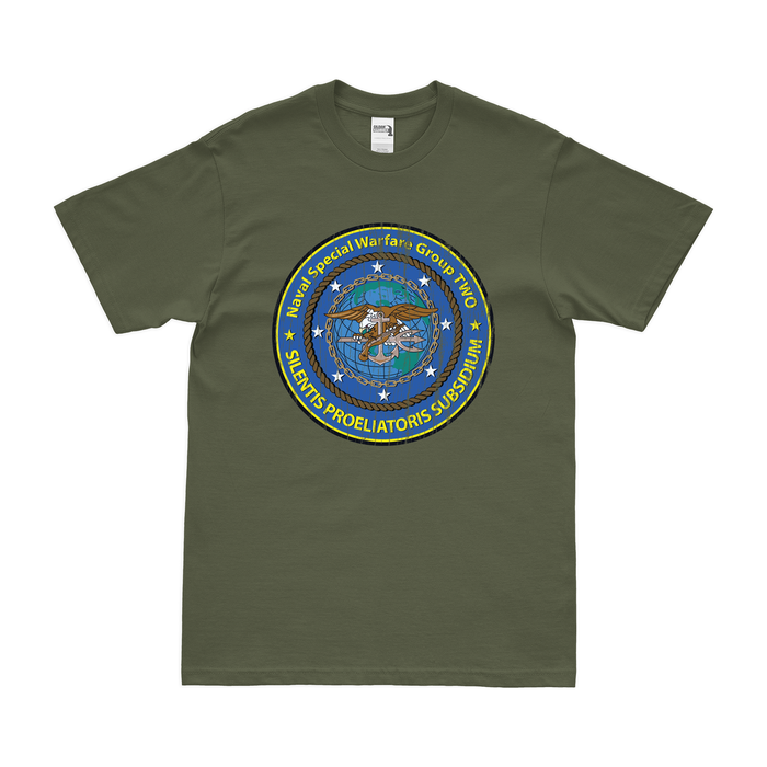 Naval Special Warfare Group 2 (NSWG-2) Emblem T-Shirt Tactically Acquired Military Green Distressed Small