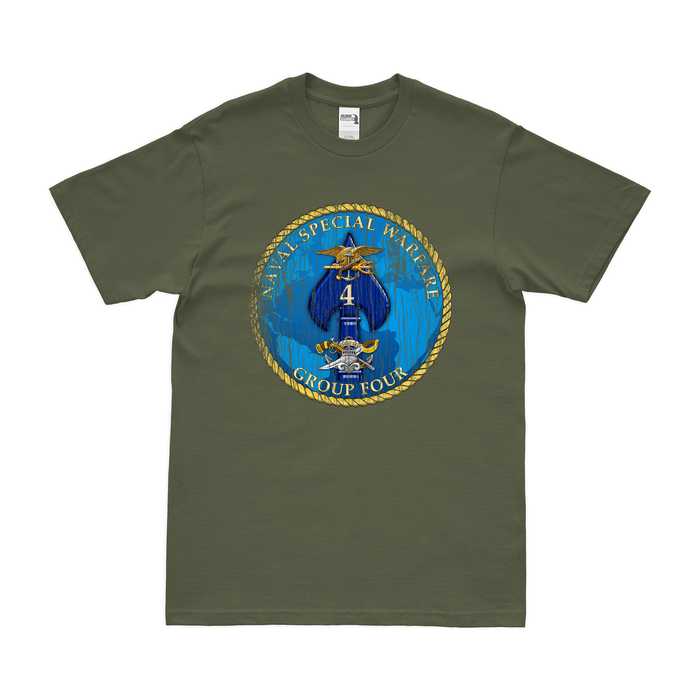 Naval Special Warfare Group 4 (NSWG-4) Emblem T-Shirt Tactically Acquired Military Green Distressed Small