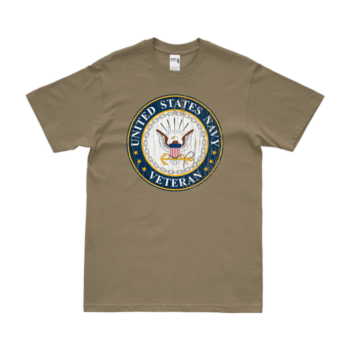 Distressed U.S. Navy Veteran Logo Emblem Crest T-Shirt Tactically Acquired Small Coyote Brown 
