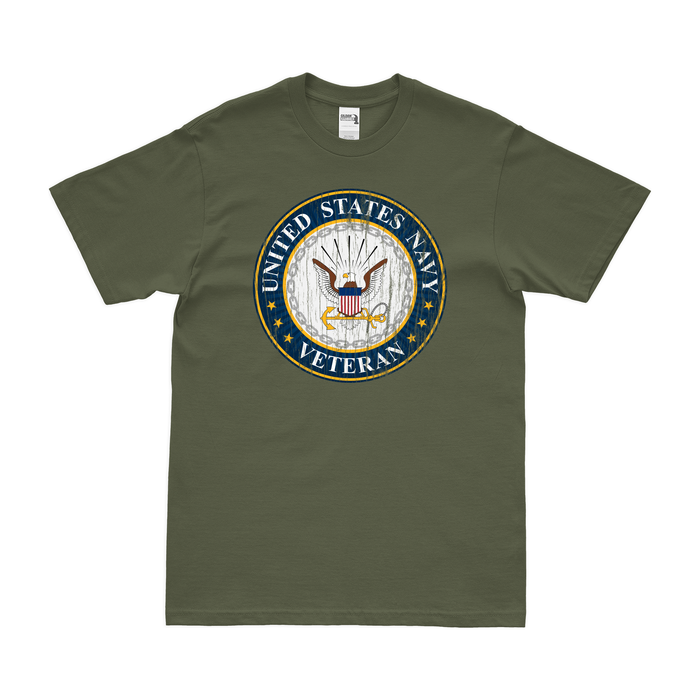 Distressed U.S. Navy Veteran Logo Emblem Crest T-Shirt Tactically Acquired Small Military Green 