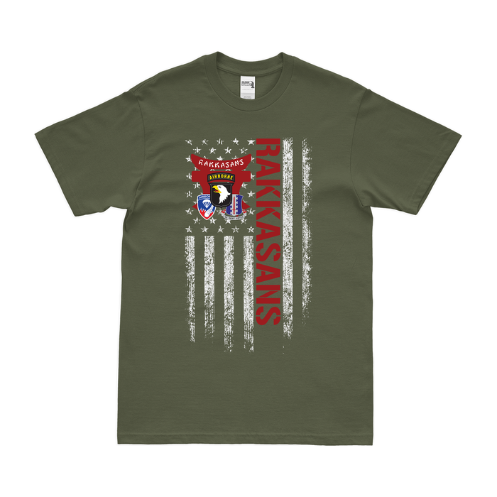 187th Airborne Infantry 'Rakkasans' American Flag T-Shirt Tactically Acquired Military Green Small 