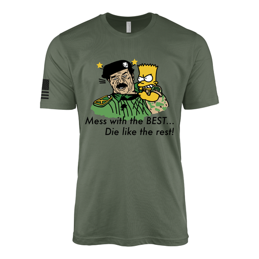 Vintage 1991 "Mess with the Best, Die Like the Rest" Bart Simpson Gulf War T-Shirt Tactically Acquired Military Green Small