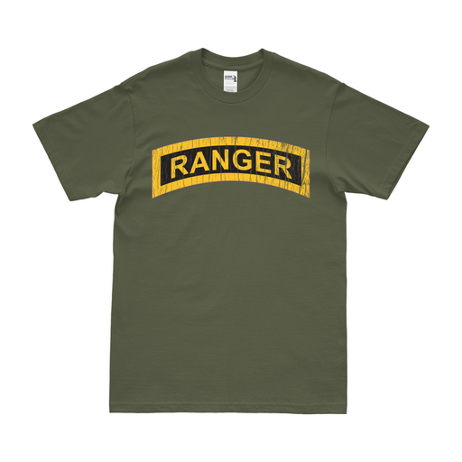 Distressed U.S. Army Ranger Tab Scroll Logo Emblem T-Shirt Tactically Acquired Small Military Green 