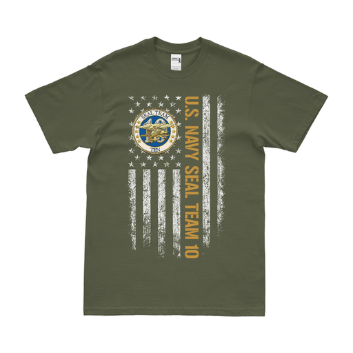 Patriotic U.S. Navy SEAL Team 10 American Flag T-Shirt Tactically Acquired Military Green Small 