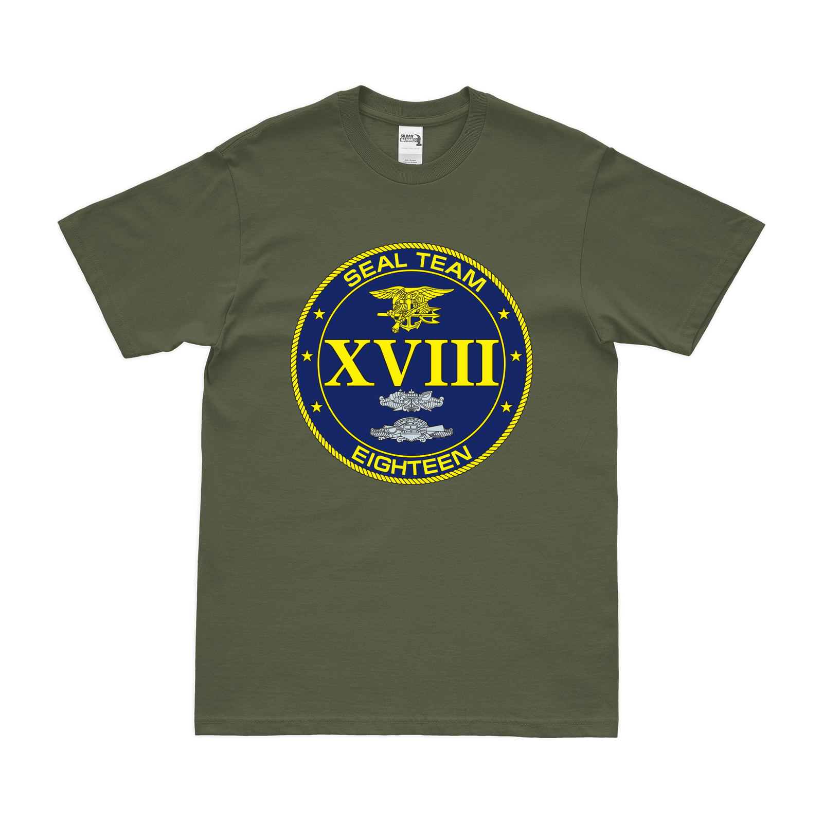 U.S. Navy SEAL Team 18 Emblem T-Shirt Tactically Acquired Military Green Clean Small