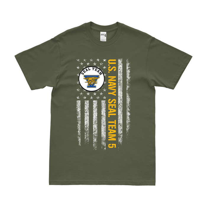 Patriotic U.S. Navy SEAL Team 5 American Flag T-Shirt Tactically Acquired Military Green Small 