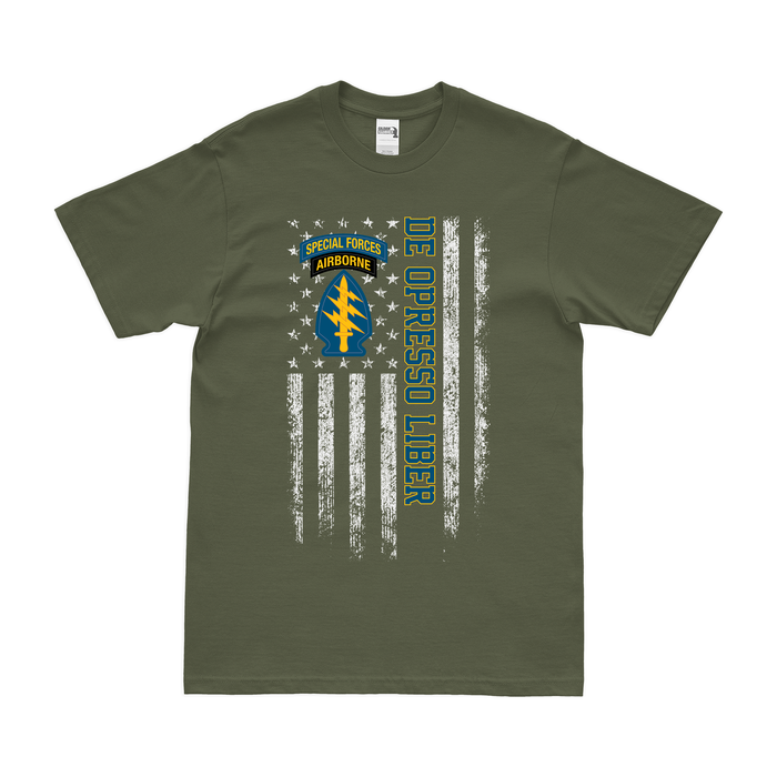 U.S. Army Special Forces Motto American Flag T-Shirt Tactically Acquired Small Military Green 