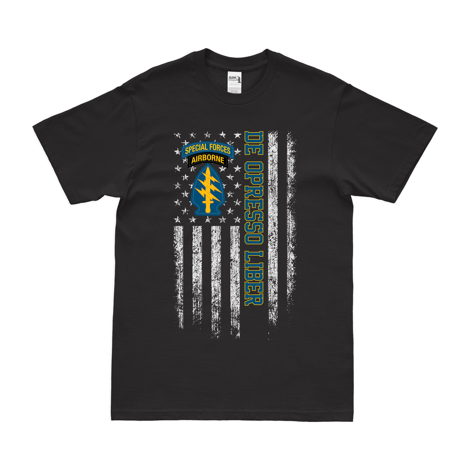 U.S. Army Special Forces Motto American Flag T-Shirt Tactically Acquired Small Black 