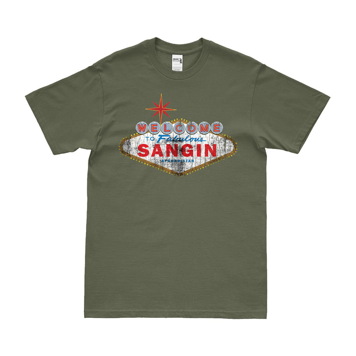 Welcome to Fabulous Sangin Afghanistan Operation Enduring Freedom USMC T-Shirt Tactically Acquired Military Green Small 
