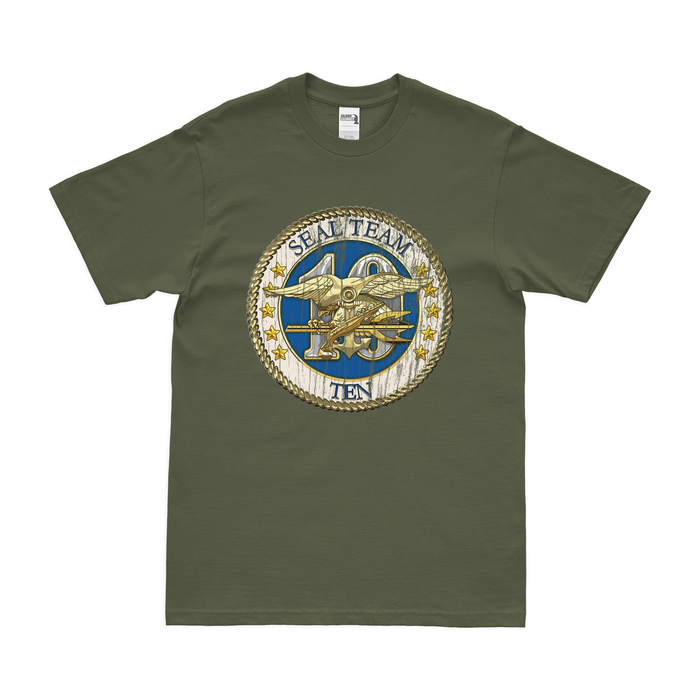 U.S. Navy SEAL Team 10 Emblem T-Shirt Tactically Acquired Military Green Distressed Small