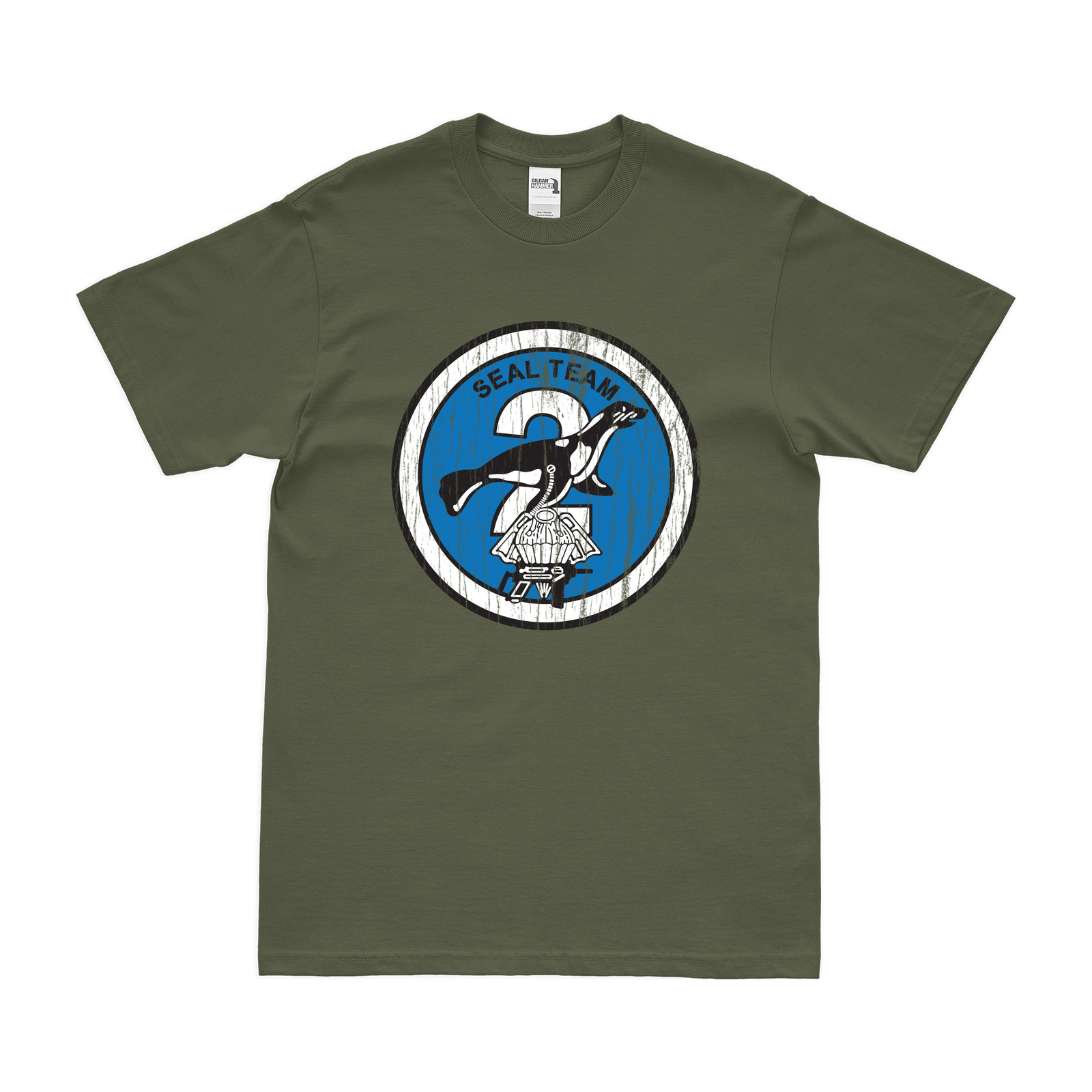 U.S. Navy SEAL Team 2 Emblem T-Shirt Tactically Acquired Military Green Distressed Small