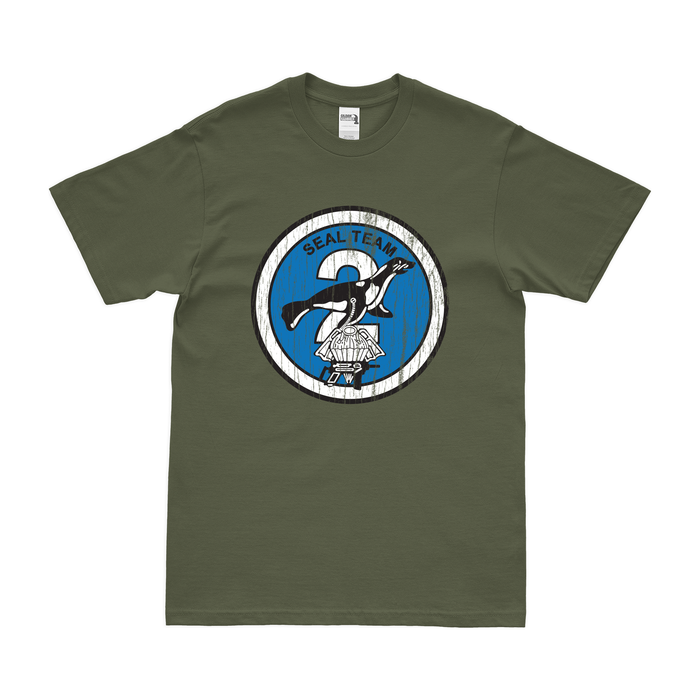 U.S. Navy SEAL Team 2 Emblem T-Shirt Tactically Acquired Military Green Distressed Small