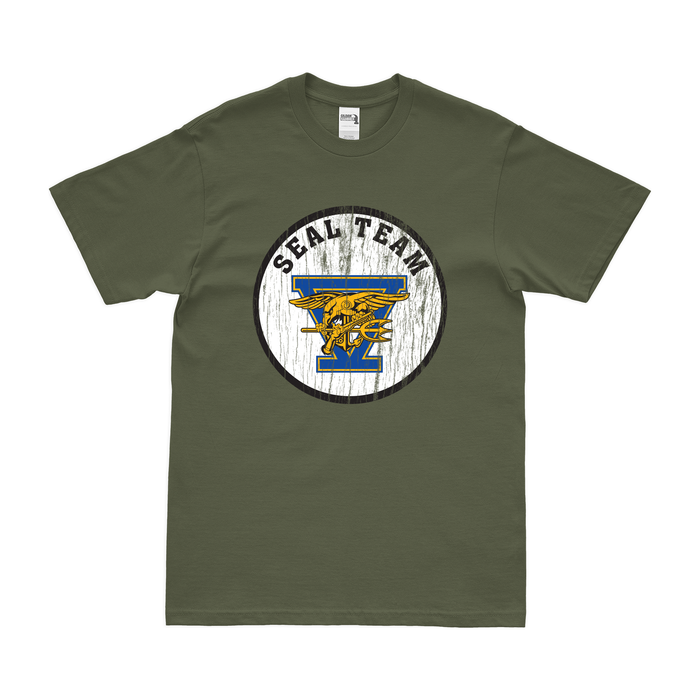 U.S. Navy SEAL Team 5 Emblem T-Shirt Tactically Acquired Military Green Distressed Small