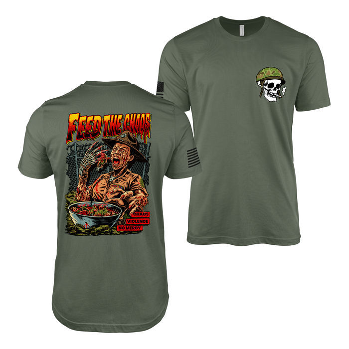 “Feed the Chaos” - Pin Up Girl Shaniya Drill Instructor T-Shirt Tactically Acquired Military Green Small