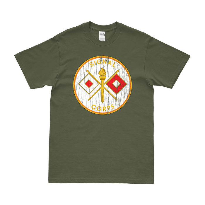 U.S. Army Signal Corps 'USASC' Branch Plaque T-Shirt Tactically Acquired Military Green Distressed Small