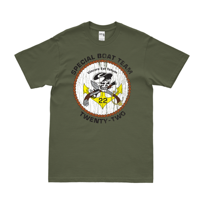 Special Boat Team 22 (SBT-22) Emblem T-Shirt Tactically Acquired Military Green Distressed Small