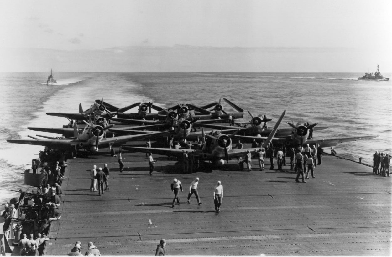 Torpedo squadron launching from USS Enterprise CV-6, highlighting the Tactically Acquired US Navy WW2 merchandise collection.